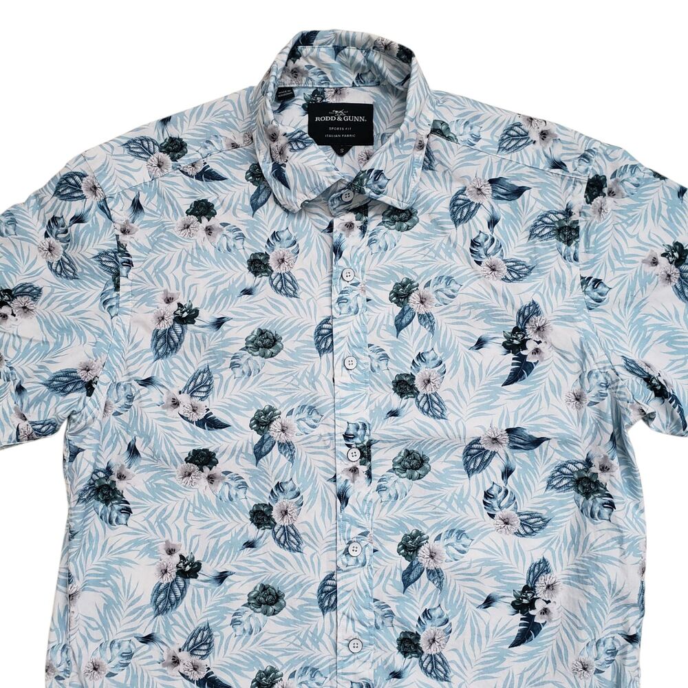 Rodd & Gunn Shirt Mens Small Blue Flroal Sports Fit Italian Fabric Short Sleeve